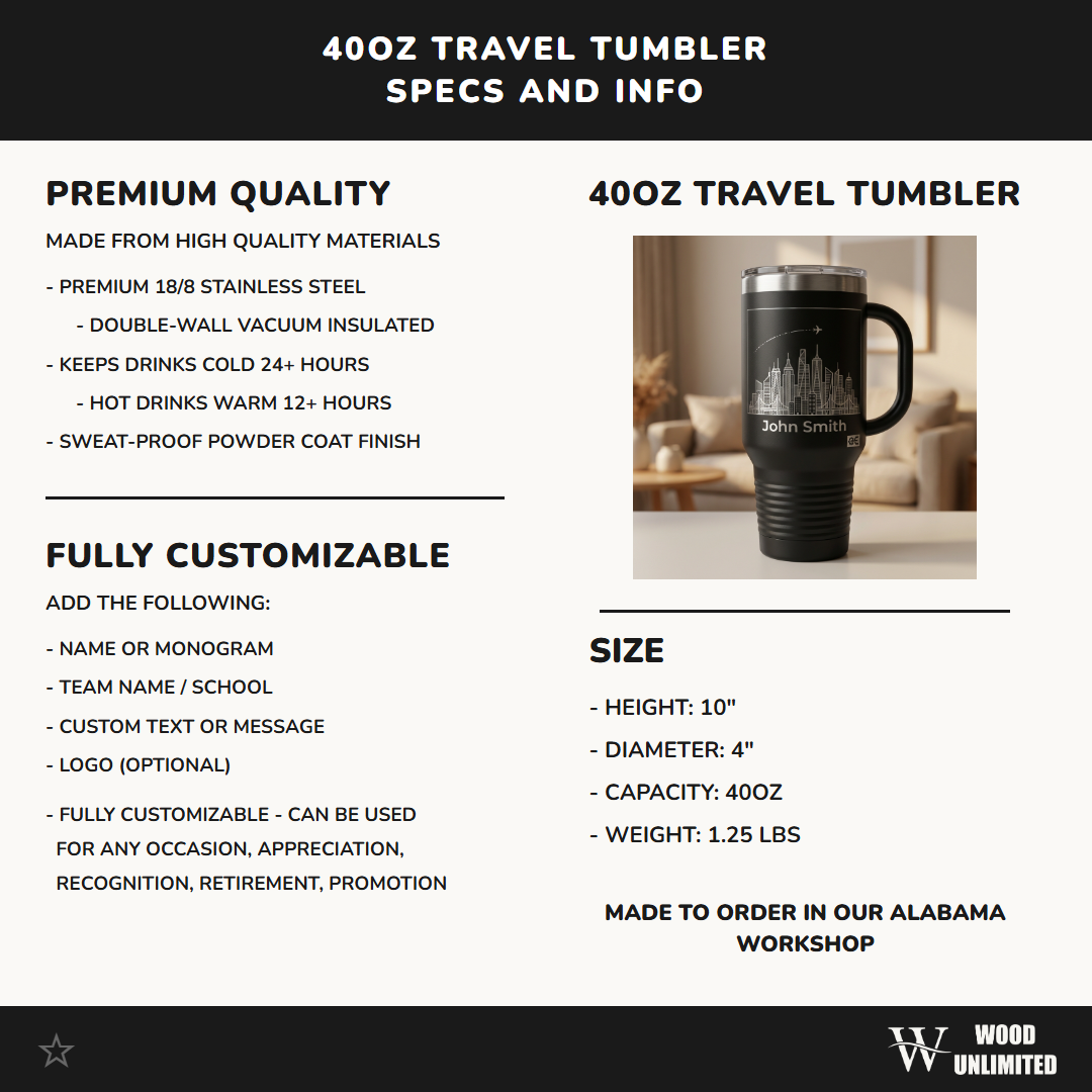 Personalized Travel Tumbler 40oz with Handle - Cityscape & Airplane Trail - Custom Name Gift for Traveler - Laser Engraved Mug