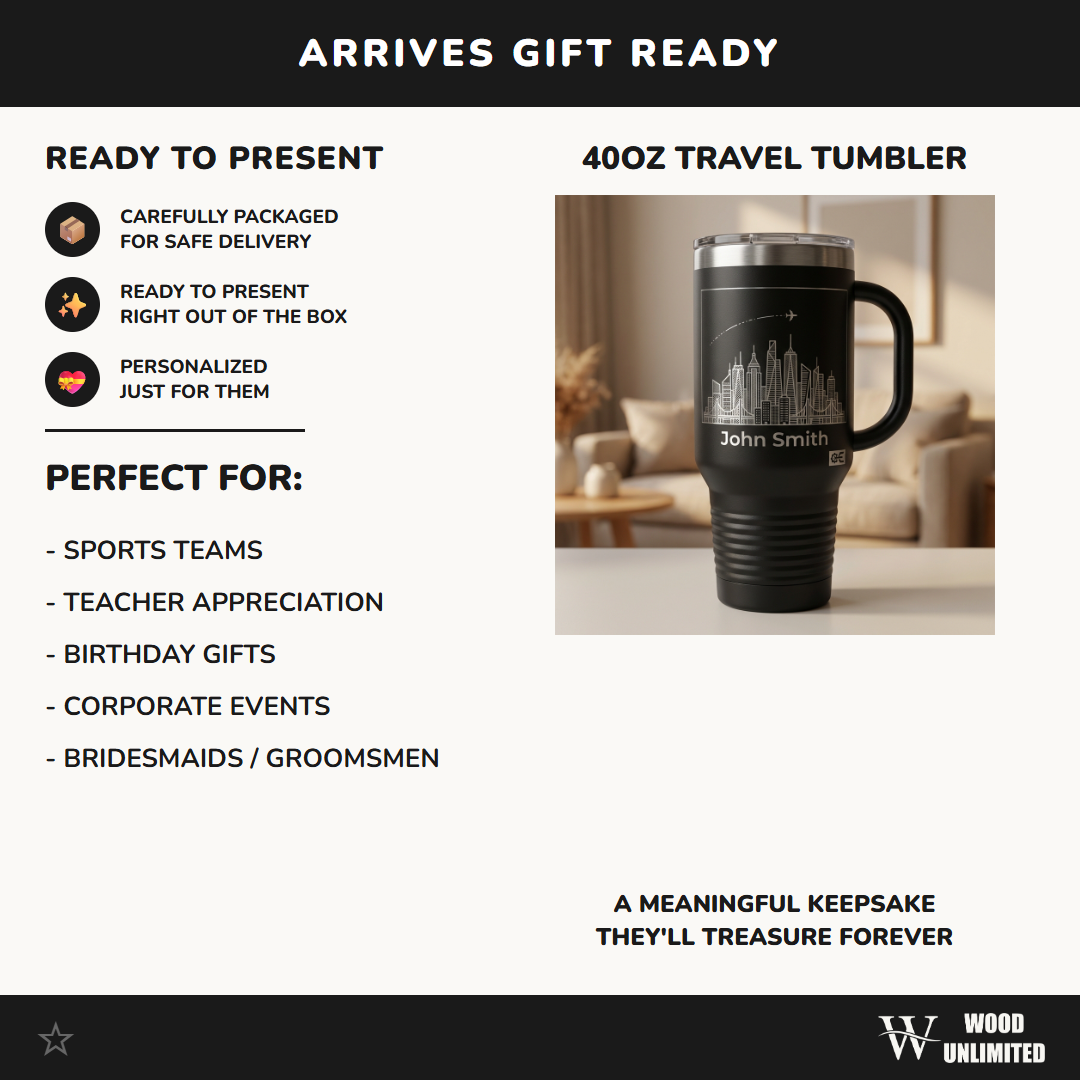 Personalized Travel Tumbler 40oz with Handle - Cityscape & Airplane Trail - Custom Name Gift for Traveler - Laser Engraved Mug