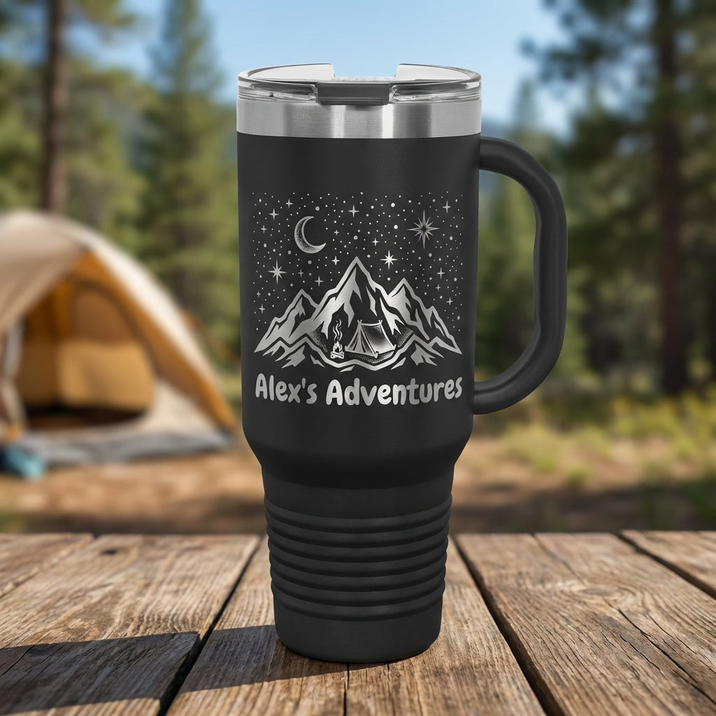 Personalized Adventure Tumbler 40oz with Handle - Custom Laser Engraved Outdoors Gift for Hiker Camper Explorer - Travel Mug - View 1