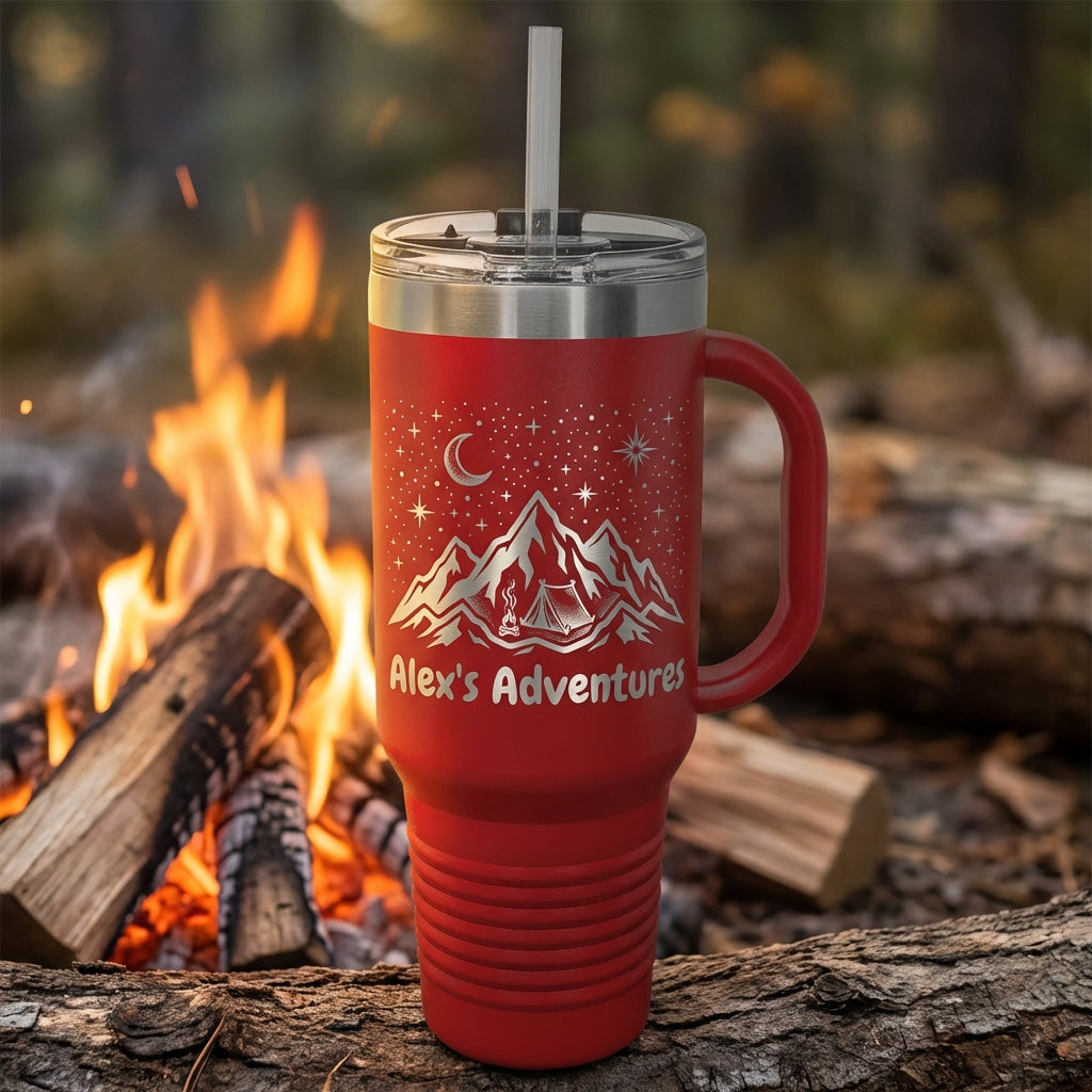 Personalized Adventure Tumbler 40oz with Handle - Custom Laser Engraved Outdoors Gift for Hiker Camper Explorer - Travel Mug - View 2