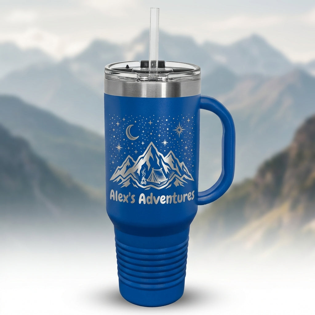 Personalized Adventure Tumbler 40oz with Handle - Custom Laser Engraved Outdoors Gift for Hiker Camper Explorer - Travel Mug - View 3