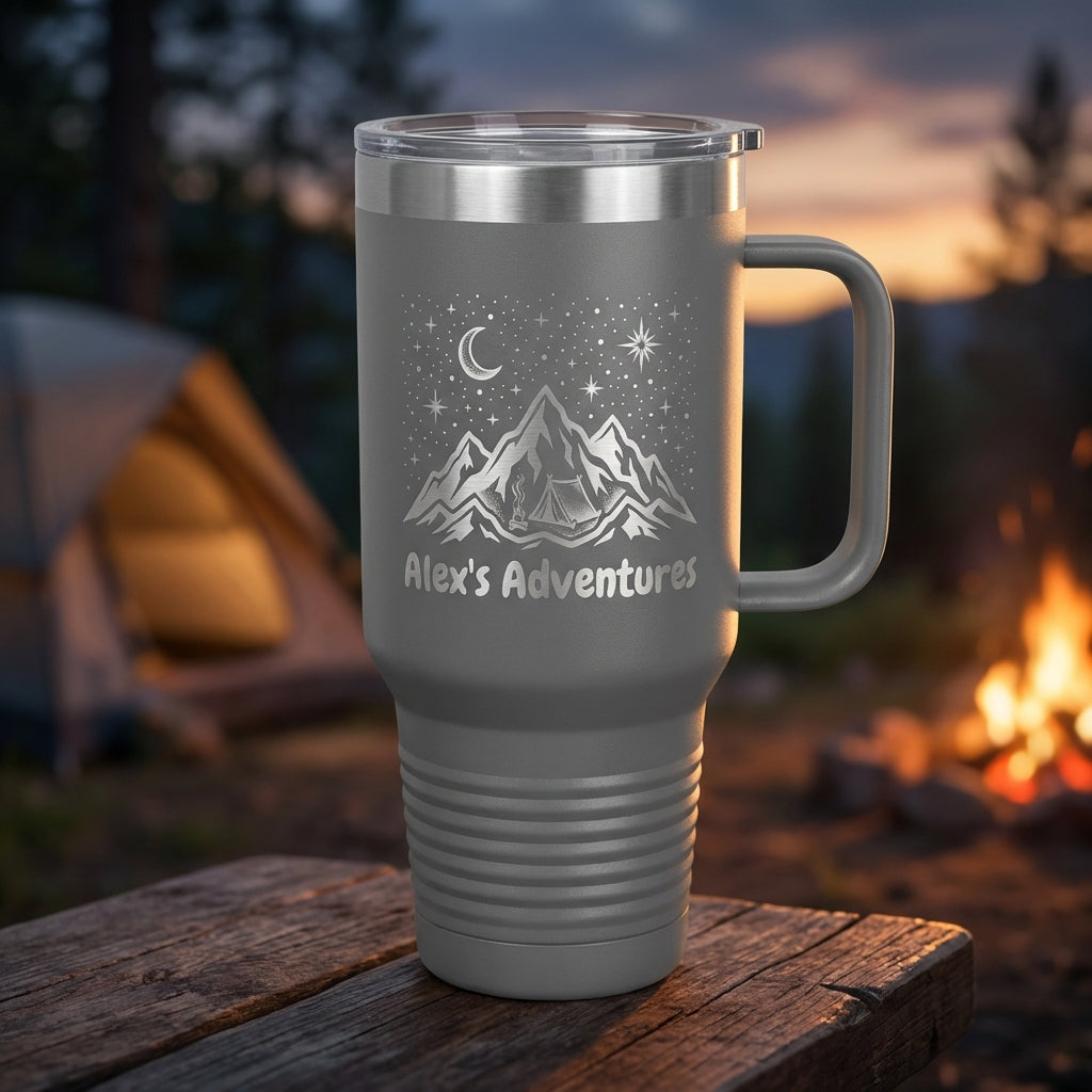 Personalized Adventure Tumbler 40oz with Handle - Custom Laser Engraved Outdoors Gift for Hiker Camper Explorer - Travel Mug - View 4