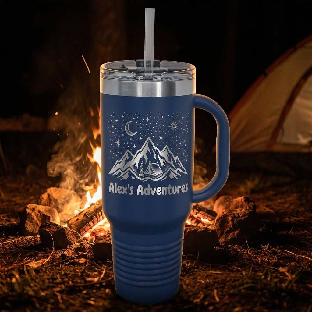 Personalized Adventure Tumbler 40oz with Handle - Custom Laser Engraved Outdoors Gift for Hiker Camper Explorer - Travel Mug - View 5