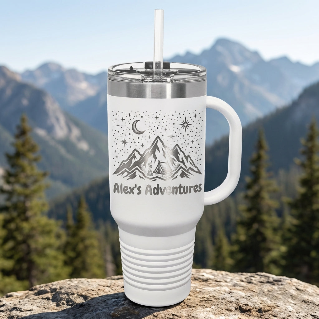 Personalized Adventure Tumbler 40oz with Handle - Custom Laser Engraved Outdoors Gift for Hiker Camper Explorer - Travel Mug - View 6