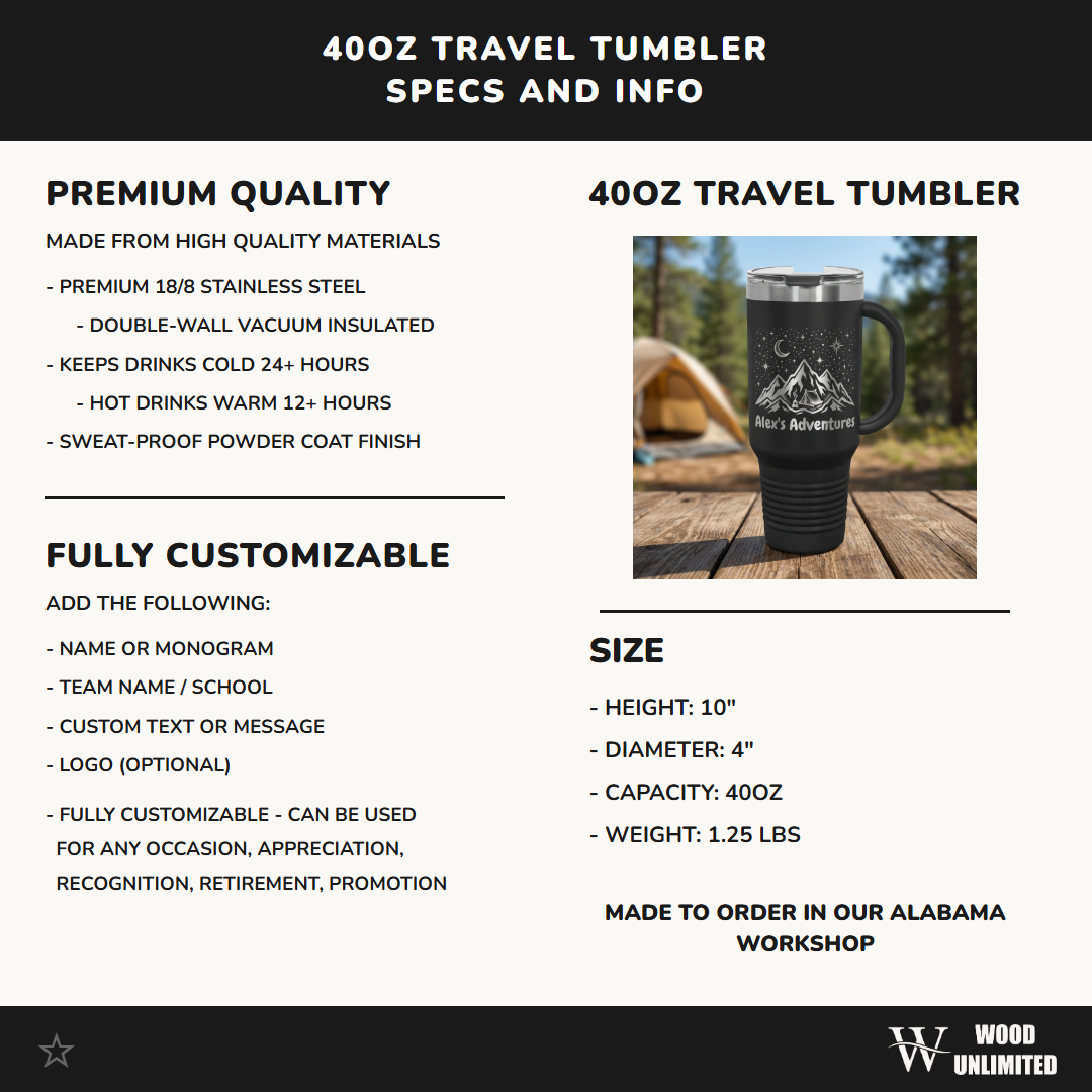 Personalized Adventure Tumbler 40oz with Handle - Custom Laser Engraved Outdoors Gift for Hiker Camper Explorer - Travel Mug