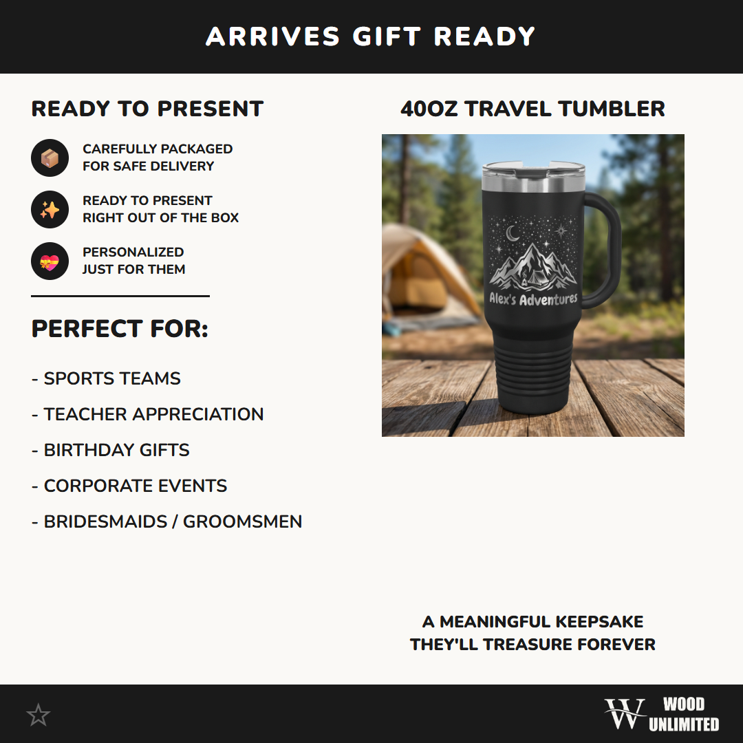 Personalized Adventure Tumbler 40oz with Handle - Custom Laser Engraved Outdoors Gift for Hiker Camper Explorer - Travel Mug