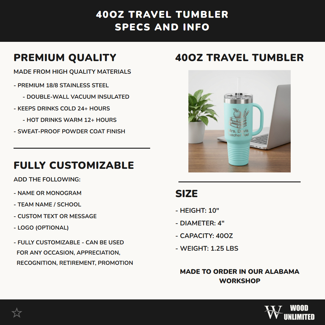 Personalized Teacher Tumbler Gift - Teacher Appreciation Present - Custom Name Laser Engraved 40oz Travel Tumbler with Handle