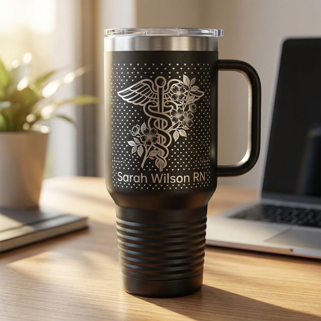 Personalized Nurse Tumbler Gift - RN Appreciation Present - Custom Name Laser Engraved 40oz Travel Tumbler with Handle