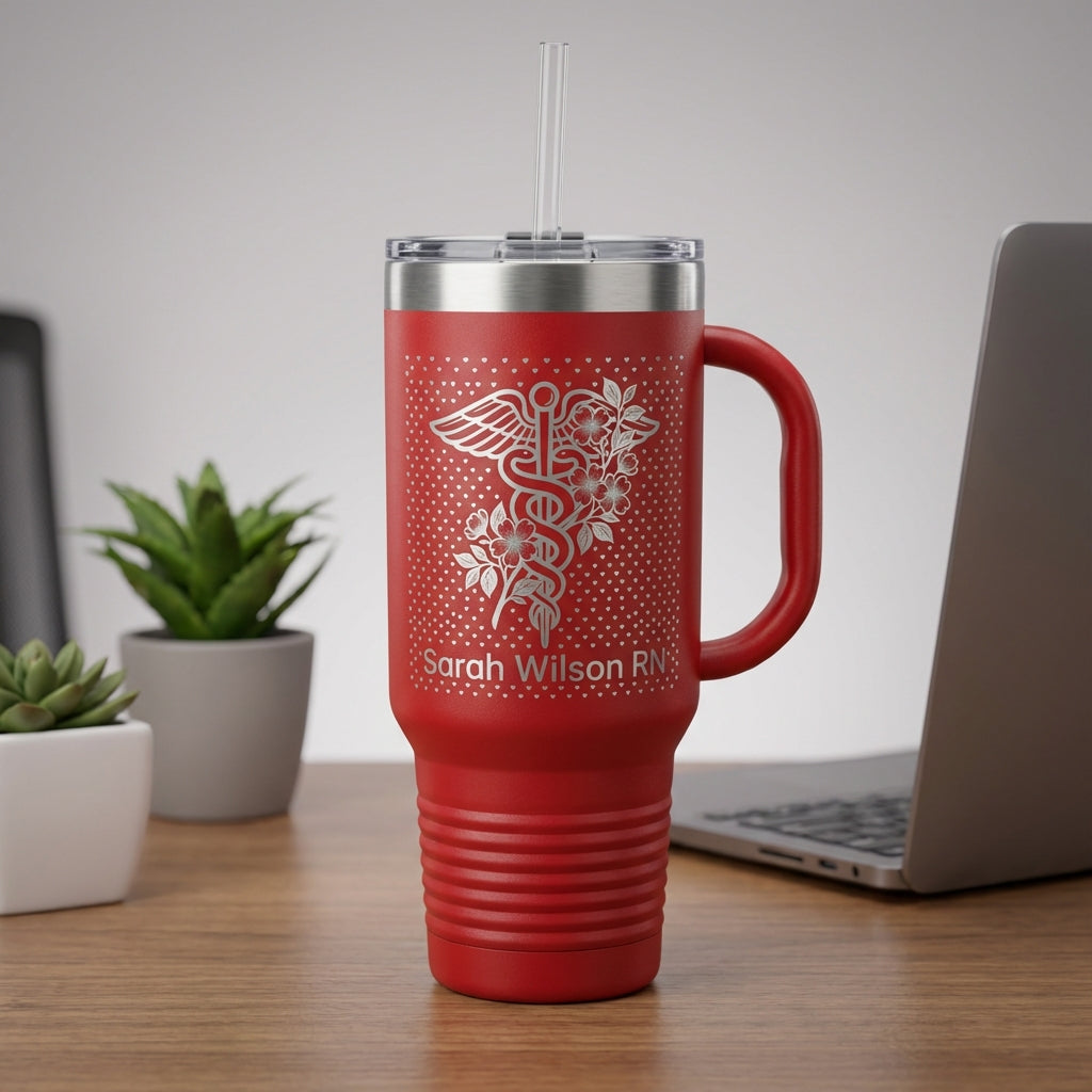 Personalized Nurse Tumbler Gift - RN Appreciation Present - Custom Name Laser Engraved 40oz Travel Tumbler with Handle