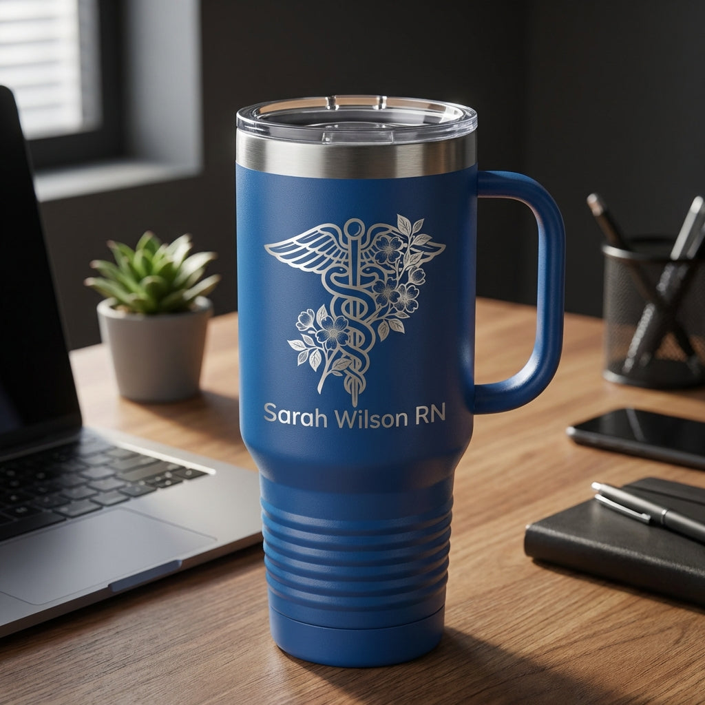 Personalized Nurse Tumbler Gift - RN Appreciation Present - Custom Name Laser Engraved 40oz Travel Tumbler with Handle