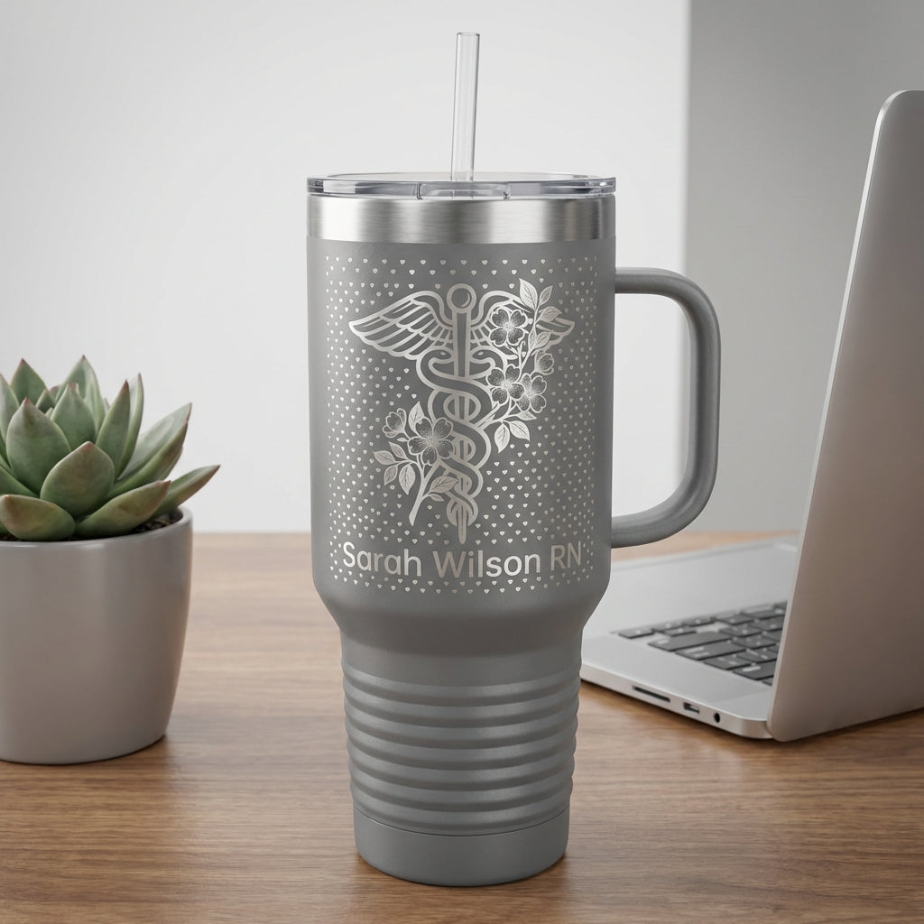 Personalized Nurse Tumbler Gift - RN Appreciation Present - Custom Name Laser Engraved 40oz Travel Tumbler with Handle