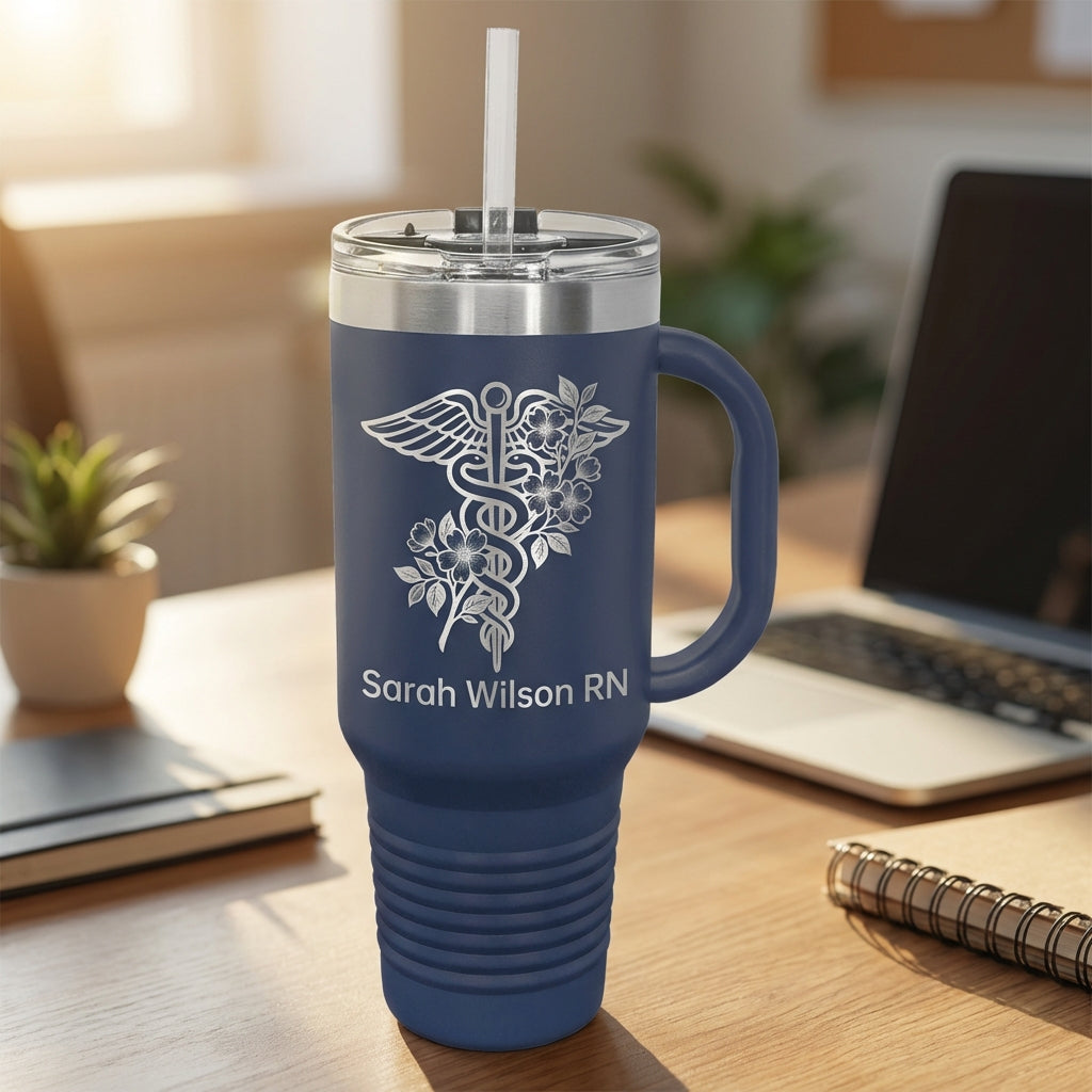 Personalized Nurse Tumbler Gift - RN Appreciation Present - Custom Name Laser Engraved 40oz Travel Tumbler with Handle