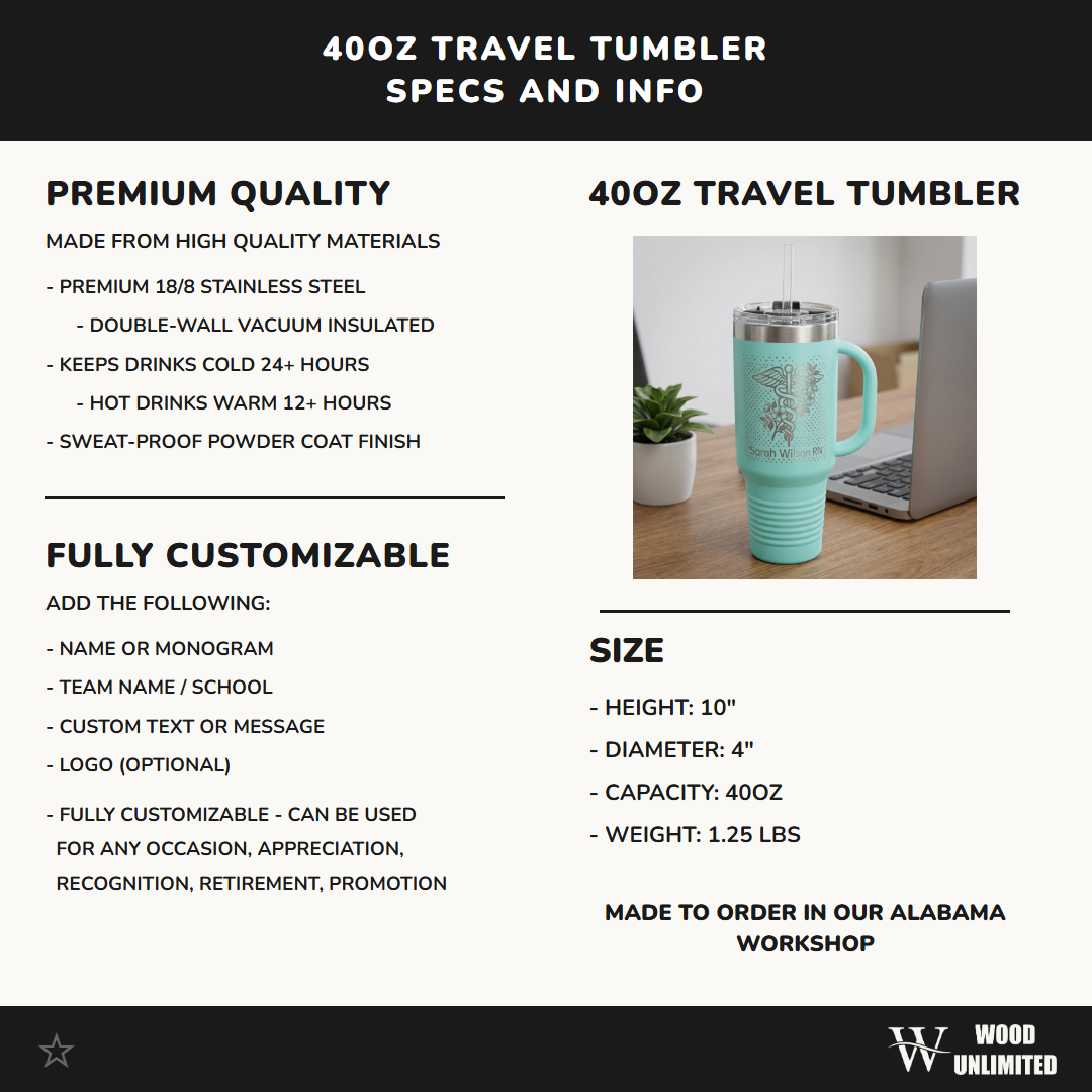 Personalized Nurse Tumbler Gift - RN Appreciation Present - Custom Name Laser Engraved 40oz Travel Tumbler with Handle