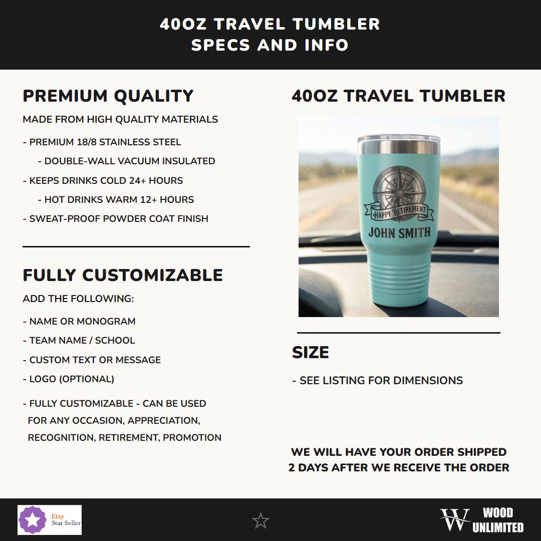 Personalized Retirement Gift 40oz Travel Tumbler - Nautical Compass - Laser Engraved - Custom Name