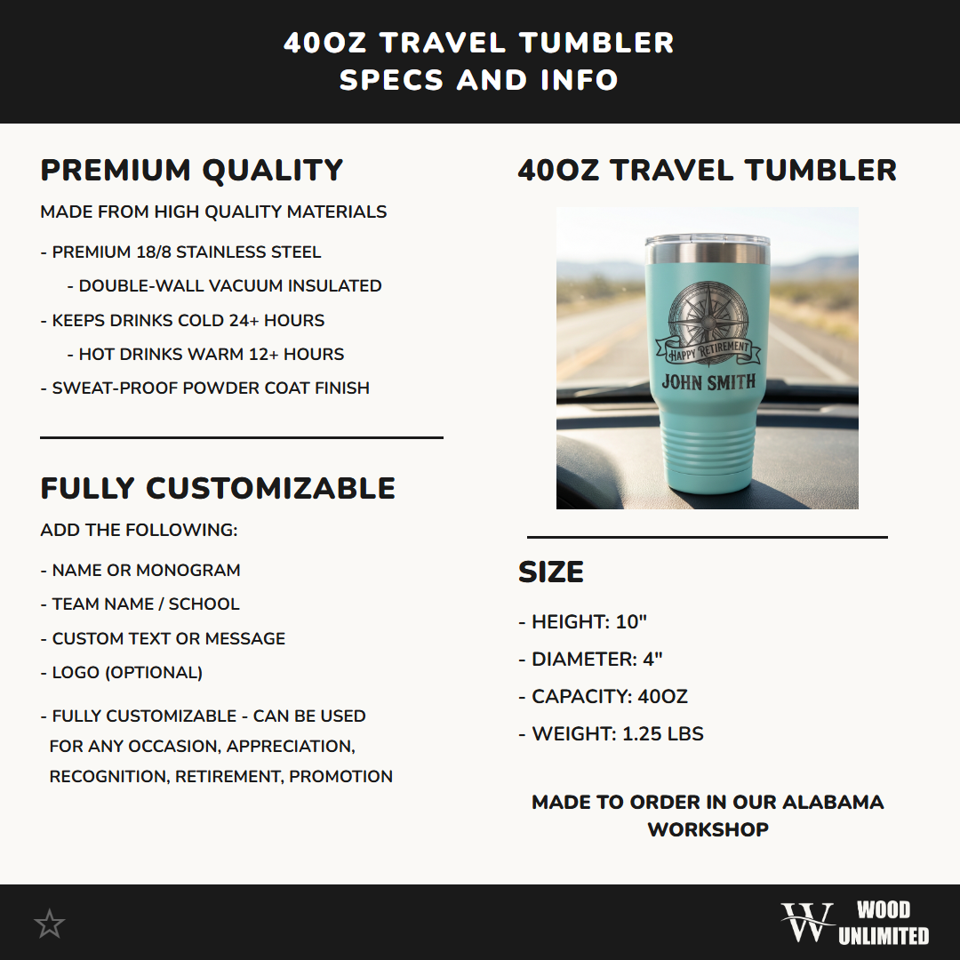 Personalized Retirement Gift 40oz Travel Tumbler - Nautical Compass - Laser Engraved - Custom Name
