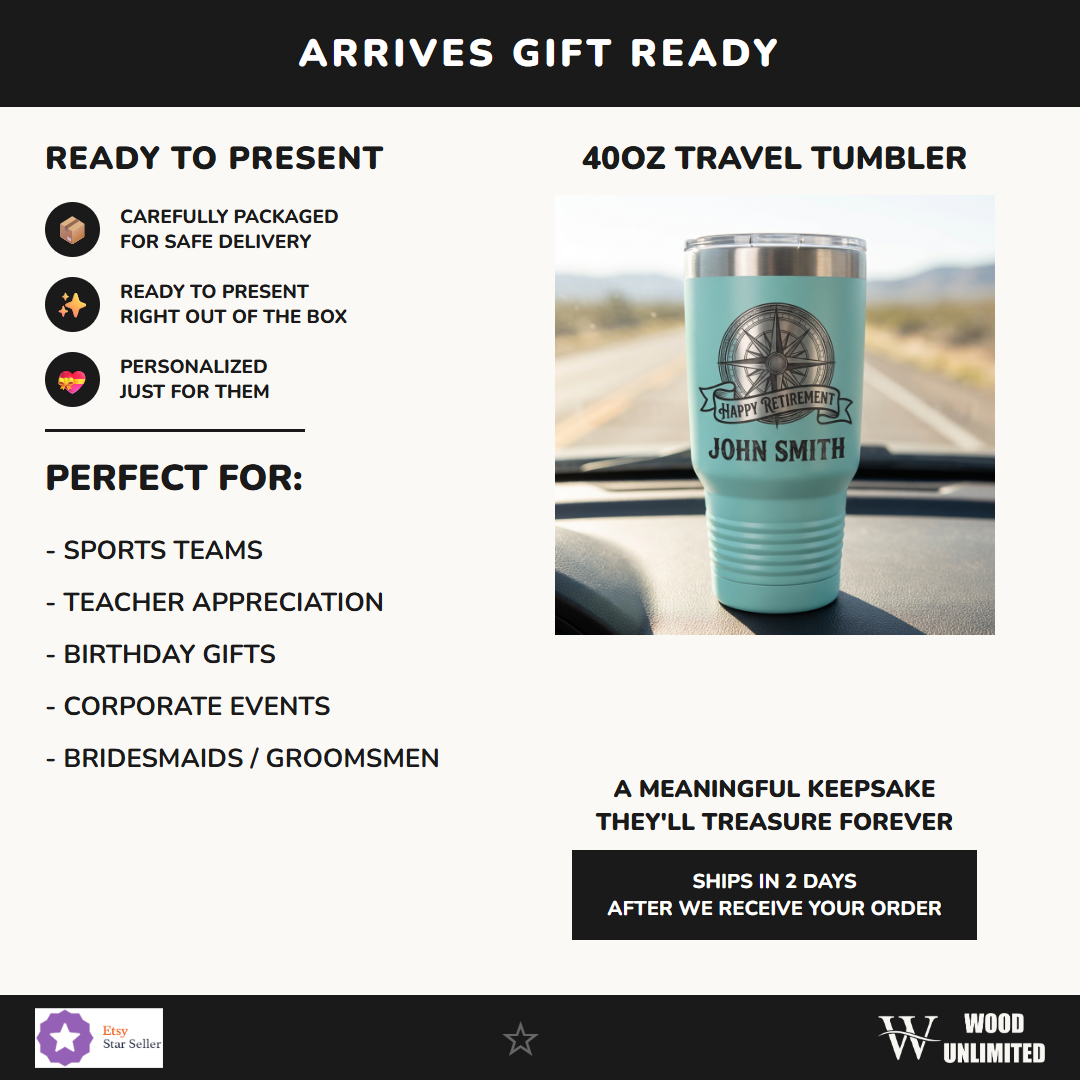 Personalized Retirement Gift 40oz Travel Tumbler - Nautical Compass - Laser Engraved - Custom Name