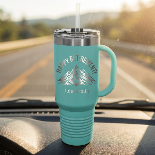 Personalized Retirement Gift 40oz Travel Tumbler with Handle - Happy Retirement Mountain Design - Laser Engraved Custom Name - View 1