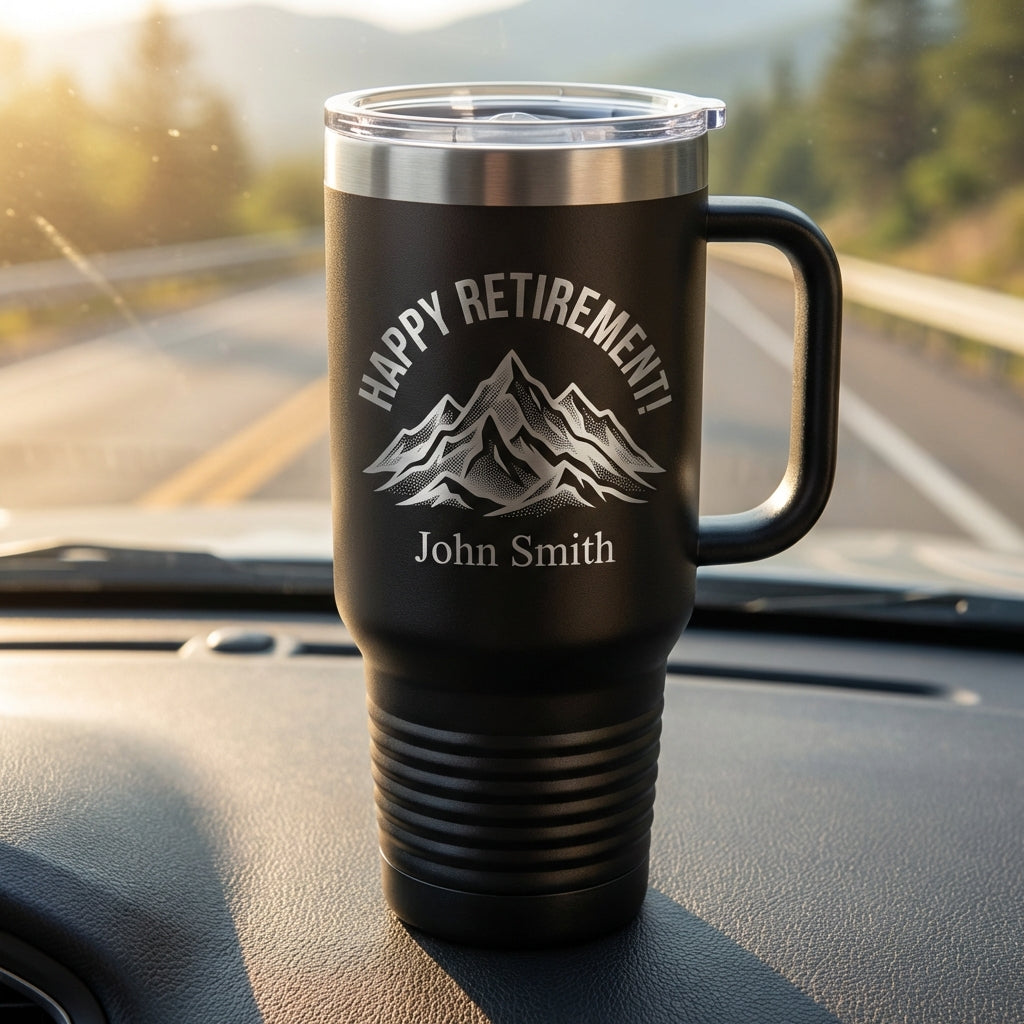 Personalized Retirement Gift 40oz Travel Tumbler with Handle - Happy Retirement Mountain Design - Laser Engraved Custom Name - View 2