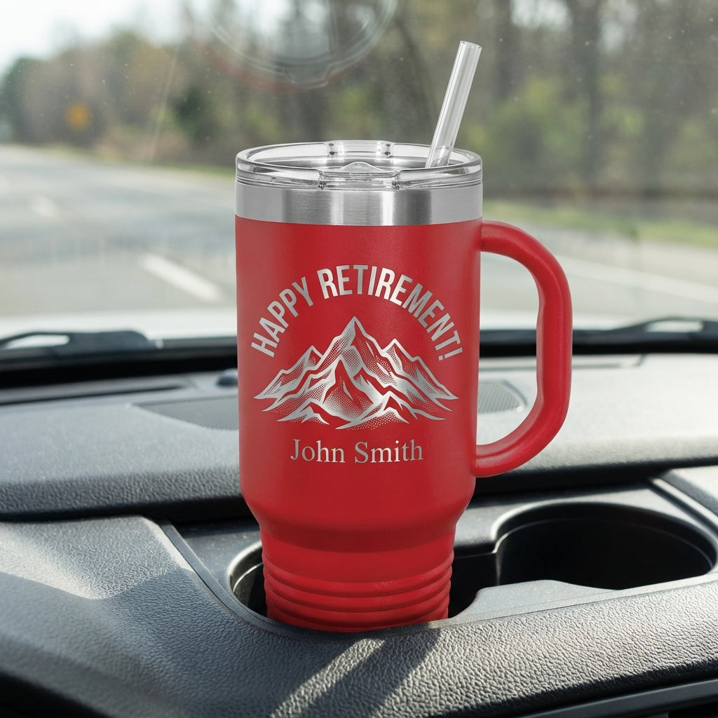 Personalized Retirement Gift 40oz Travel Tumbler with Handle - Happy Retirement Mountain Design - Laser Engraved Custom Name - View 3