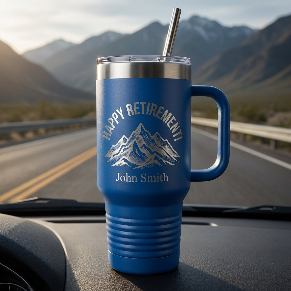 Personalized Retirement Gift 40oz Travel Tumbler with Handle - Happy Retirement Mountain Design - Laser Engraved Custom Name - View 4