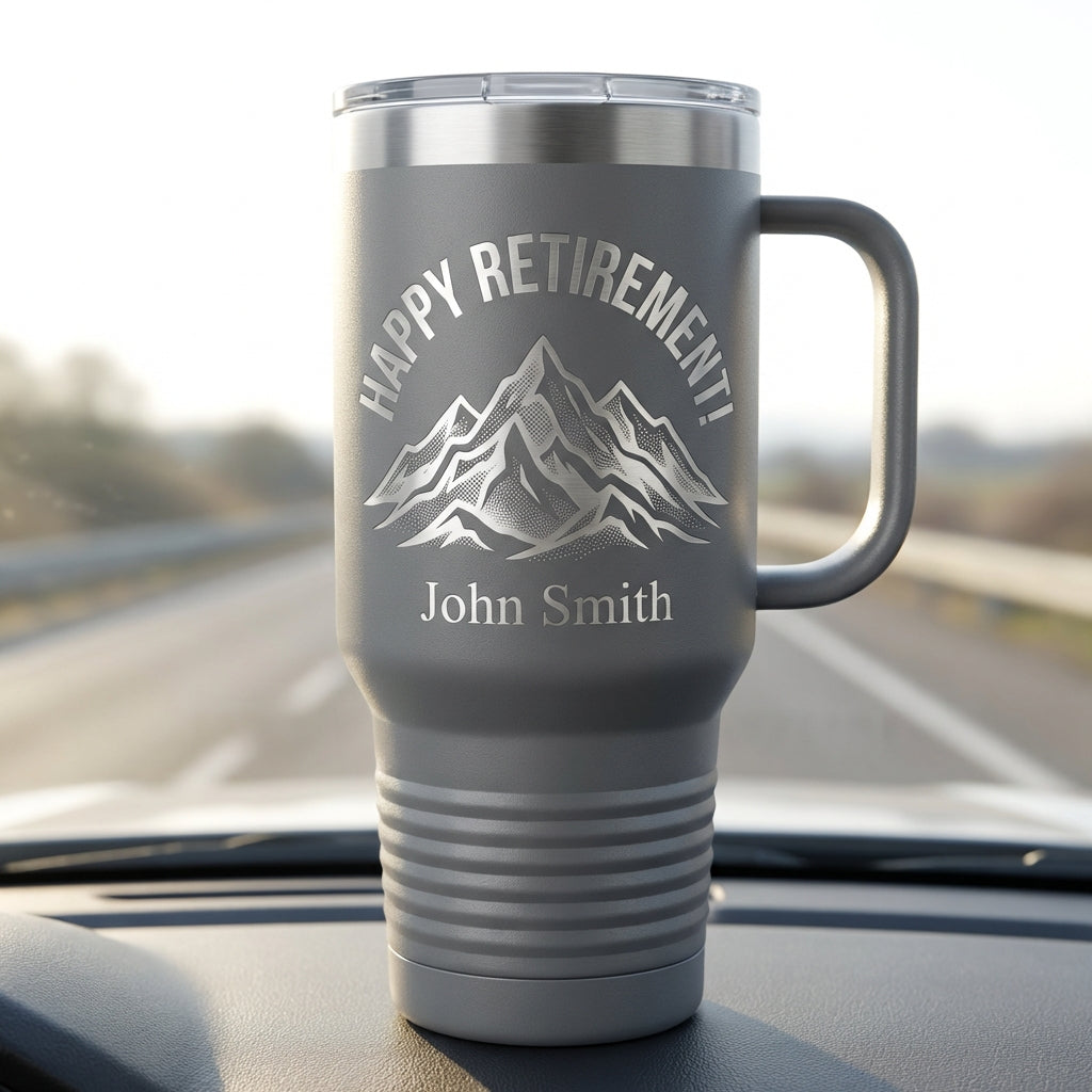 Personalized Retirement Gift 40oz Travel Tumbler with Handle - Happy Retirement Mountain Design - Laser Engraved Custom Name - View 5