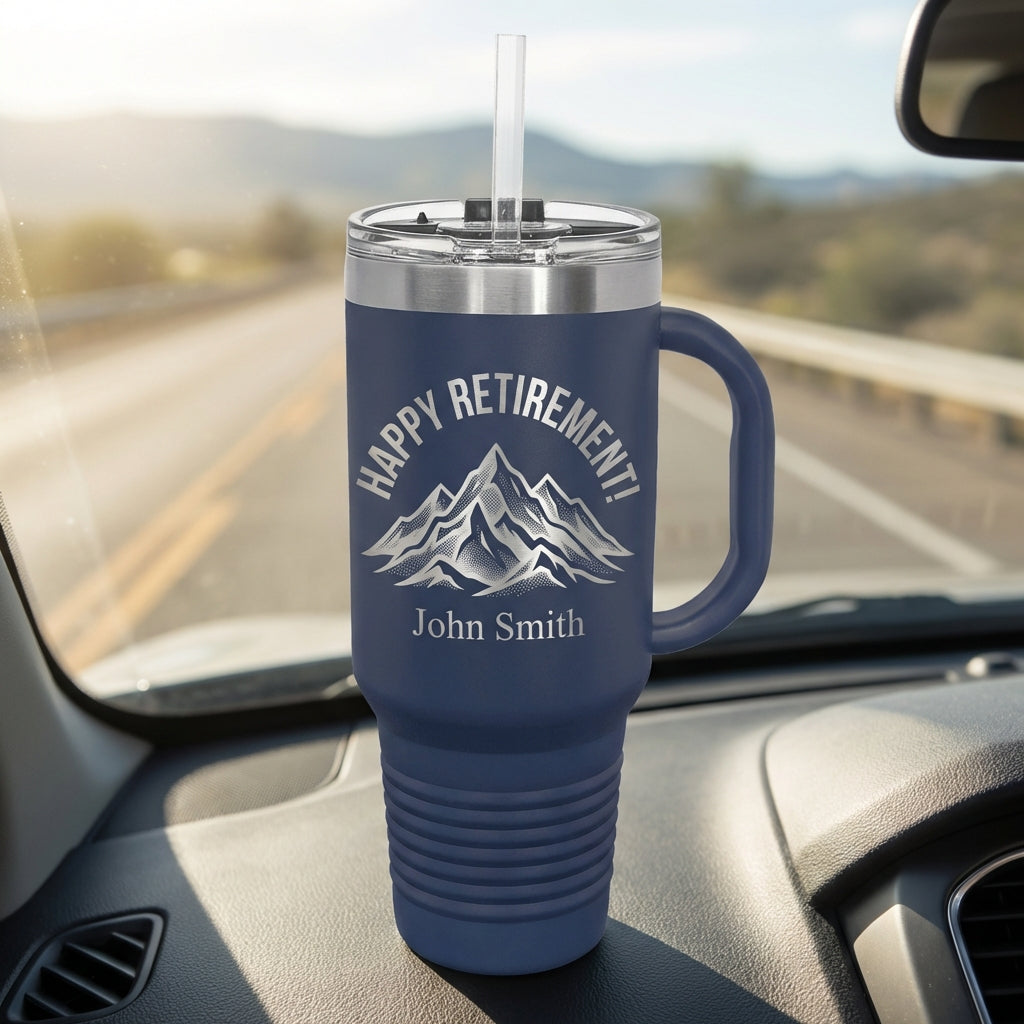 Personalized Retirement Gift 40oz Travel Tumbler with Handle - Happy Retirement Mountain Design - Laser Engraved Custom Name - View 6