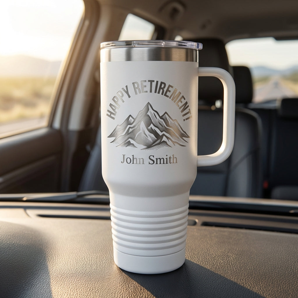 Personalized Retirement Gift 40oz Travel Tumbler with Handle - Happy Retirement Mountain Design - Laser Engraved Custom Name - View 7