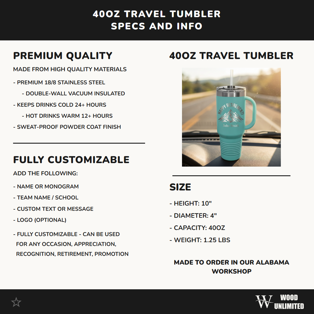 Personalized Retirement Gift 40oz Travel Tumbler with Handle - Happy Retirement Mountain Design - Laser Engraved Custom Name