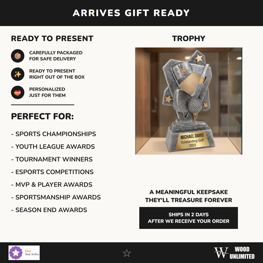 Triumph Resin Golf trophy with custom text engraving