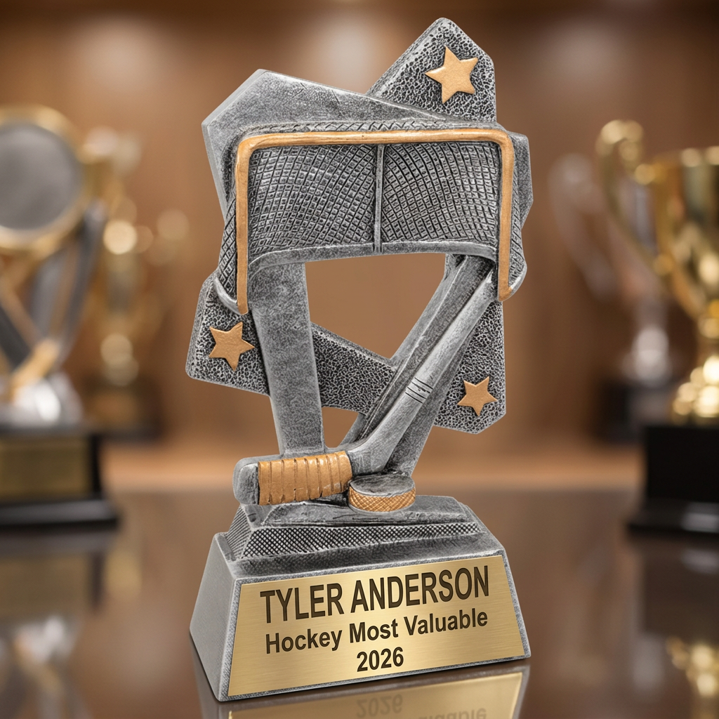 Personalized Hockey Trophy | Custom Triumph Resin Award 6.5" | Laser Engraved Gold Name Plate | Team MVP Recognition Gift - View 1