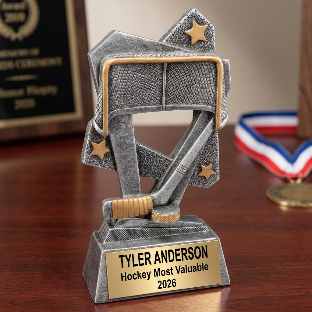 Personalized Hockey Trophy | Custom Triumph Resin Award 6.5" | Laser Engraved Gold Name Plate | Team MVP Recognition Gift - View 2