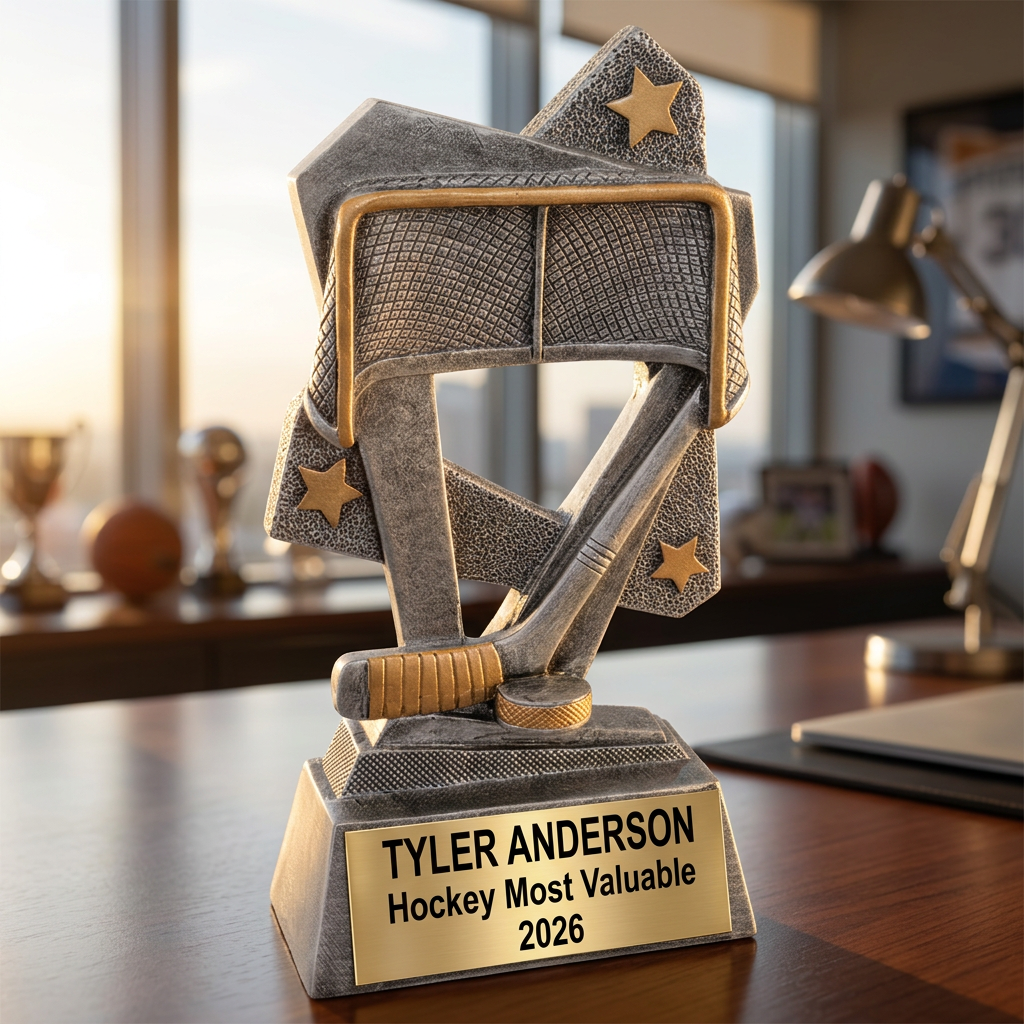 Personalized Hockey Trophy | Custom Triumph Resin Award 6.5" | Laser Engraved Gold Name Plate | Team MVP Recognition Gift - View 5