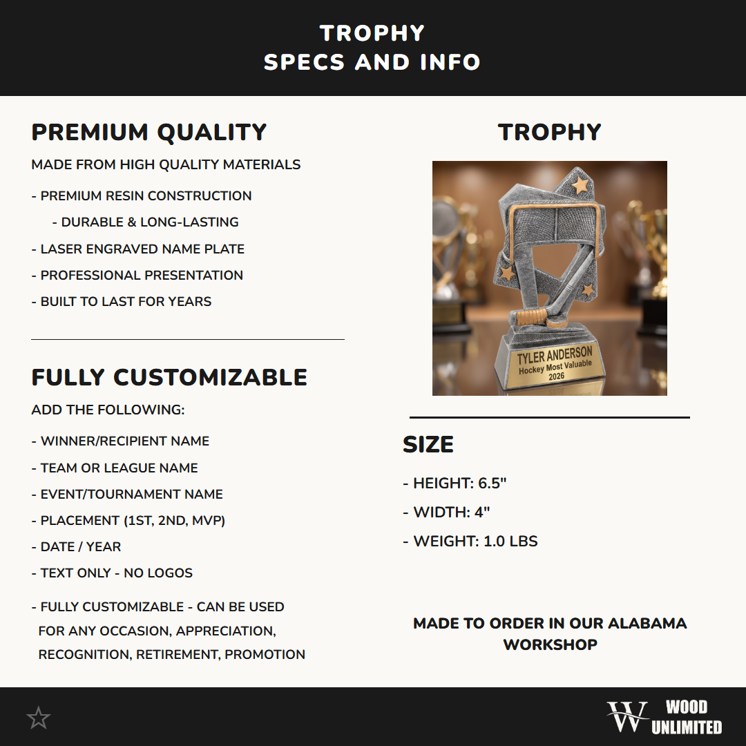 Personalized Hockey Trophy | Custom Triumph Resin Award 6.5" | Laser Engraved Gold Name Plate | Team MVP Recognition Gift