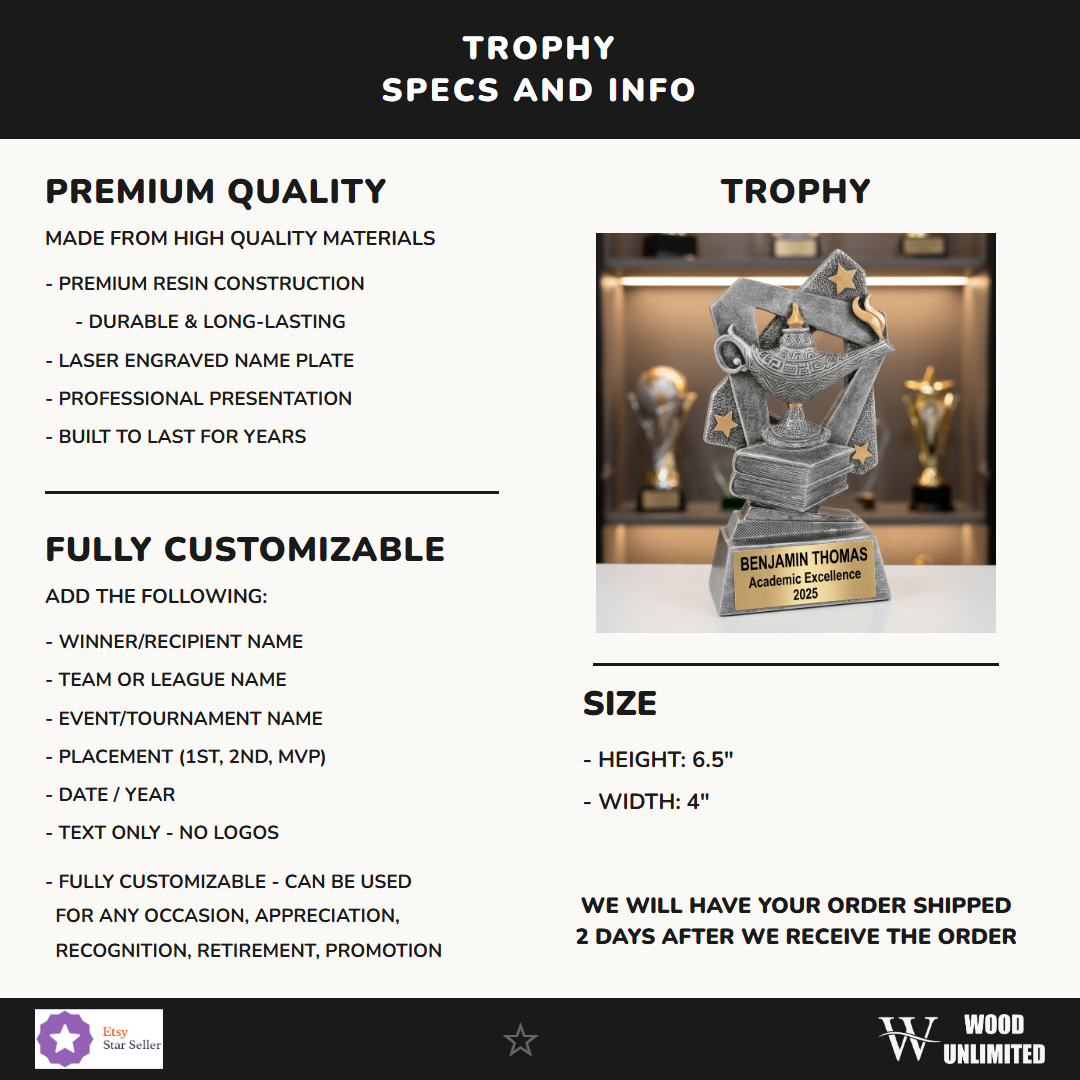 Personalized academics trophy with custom engraved name plate - angled view