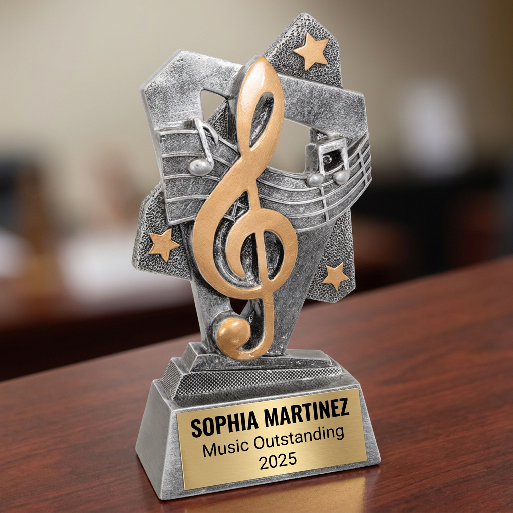 Personalized Music Trophy | Custom Triumph Resin Award 6.5" | Laser Engraved Gold Name Plate | Team MVP Recognition Gift - View 2