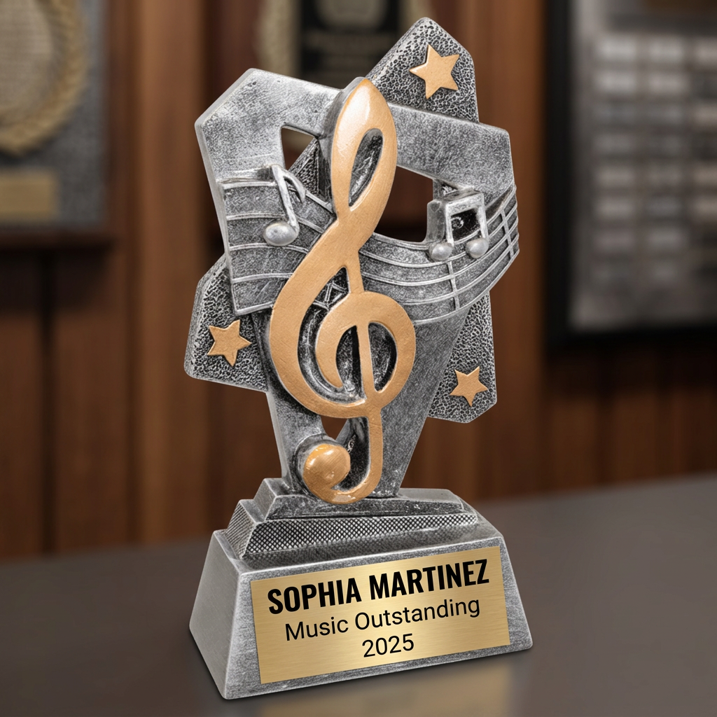 Personalized Music Trophy | Custom Triumph Resin Award 6.5" | Laser Engraved Gold Name Plate | Team MVP Recognition Gift - View 3