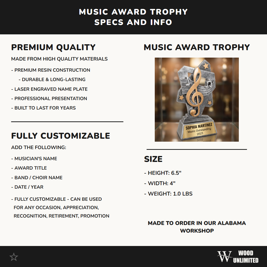 Personalized Music Trophy | Custom Triumph Resin Award 6.5" | Laser Engraved Gold Name Plate | Team MVP Recognition Gift