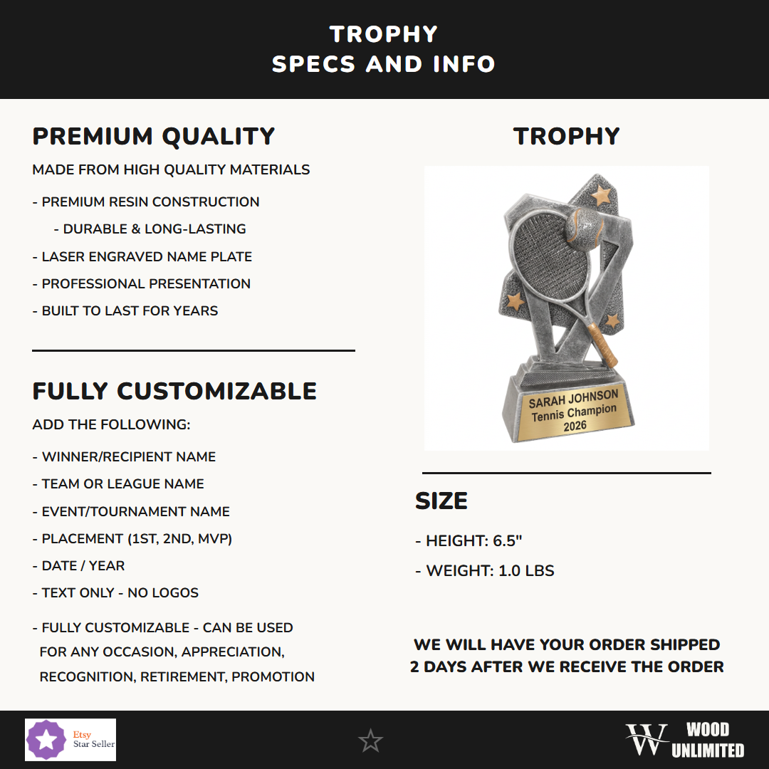 Tennis trophy with personalized engraved name plate - Triumph Resin 6½"