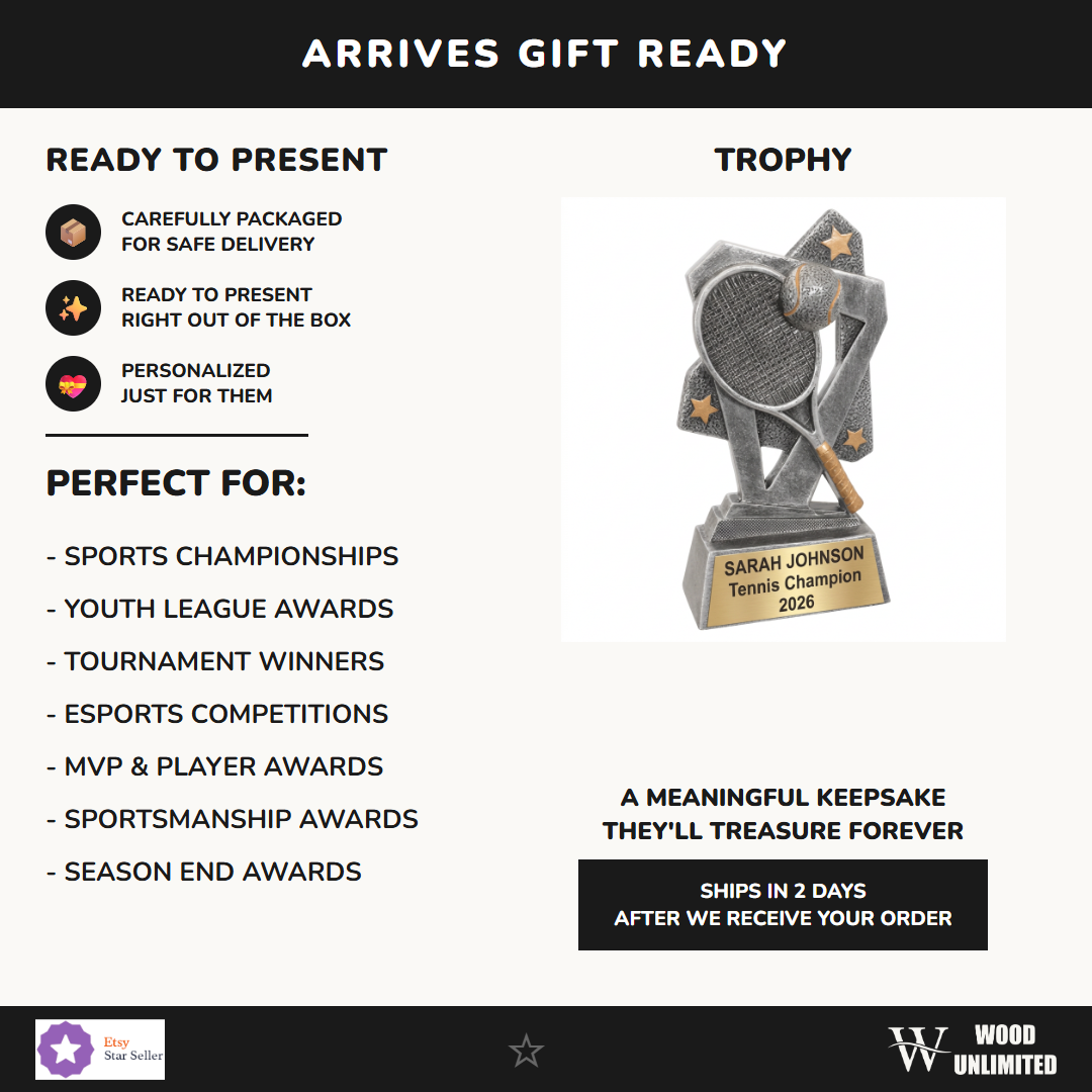 Triumph Resin Tennis trophy with custom text engraving