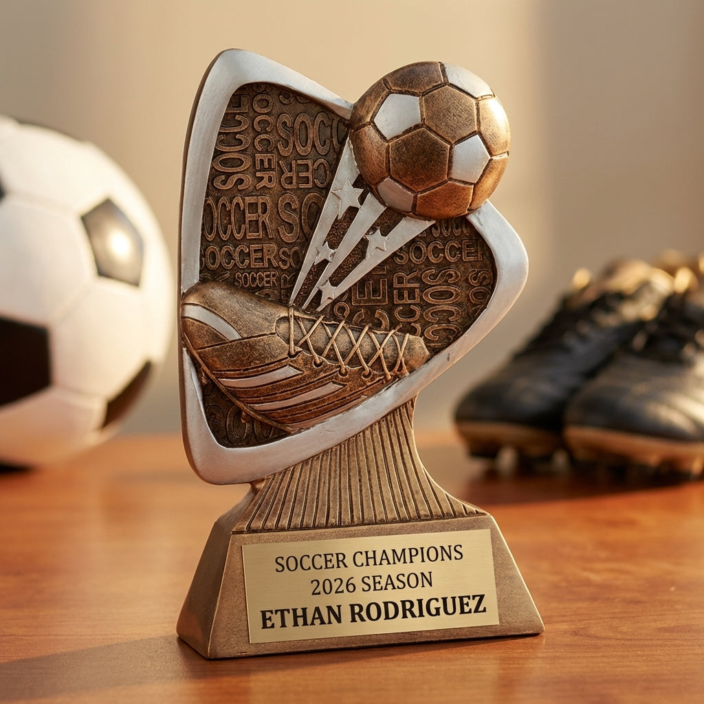 Personalized Soccer Triad Award Trophy — custom engraved resin sport trophy for MVP, championship, and coach gifts — view 2