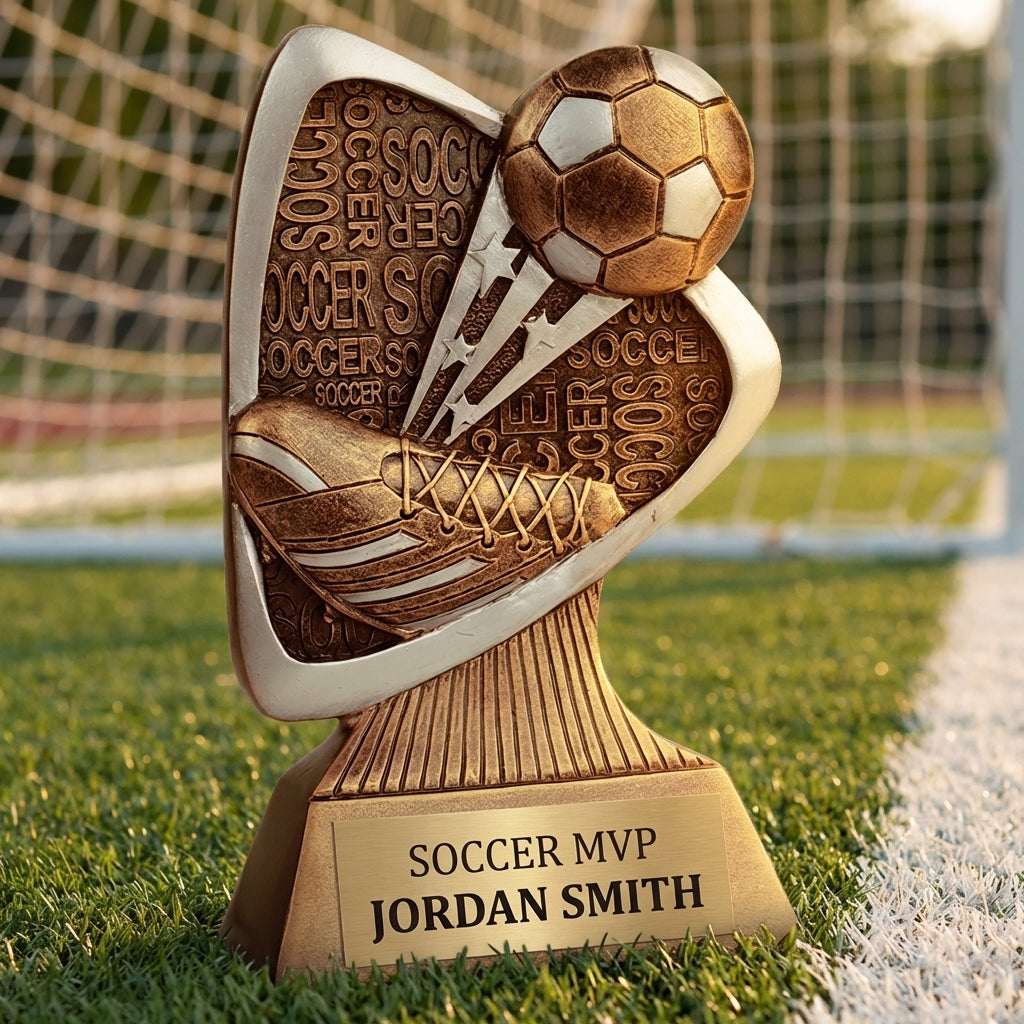 Personalized Soccer Triad Award Trophy — custom engraved resin sport trophy for MVP, championship, and coach gifts — view 3