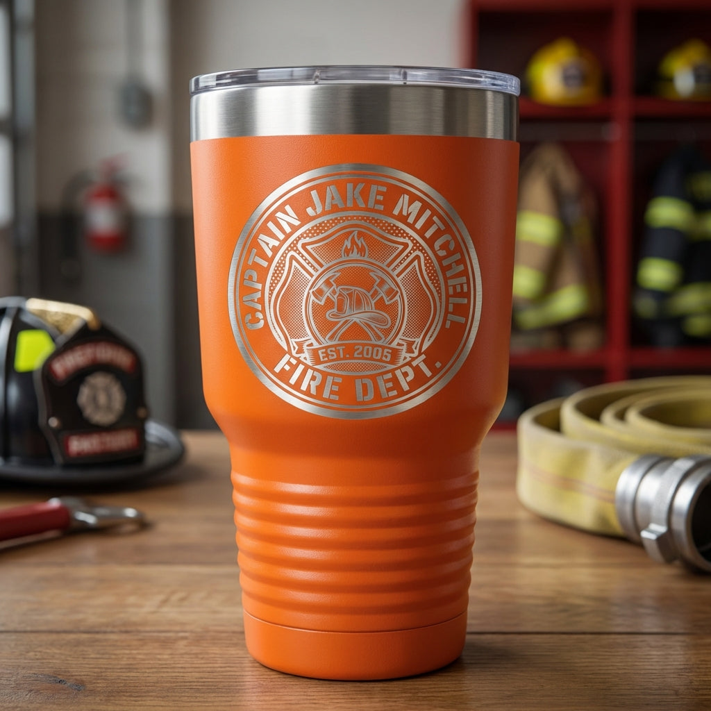 Personalized Firefighter Captain Tumbler Gift for Men Women - Laser Engraved Insulated Cup - Custom First Responder Thank You - View 3