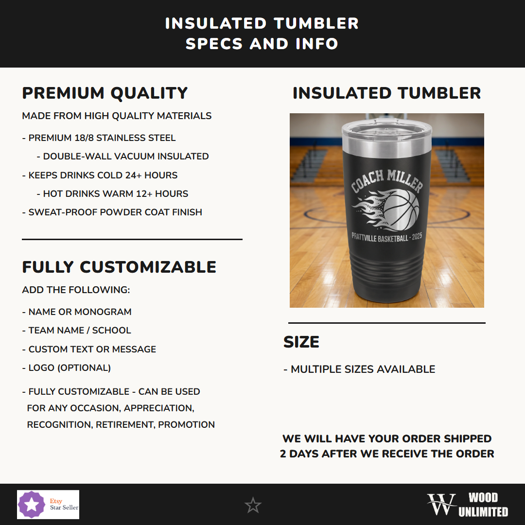 Personalized Basketball Coach Gift Tumbler - Custom Name Engraved - Team Appreciation Present - Durable Stainless Steel Drinkware