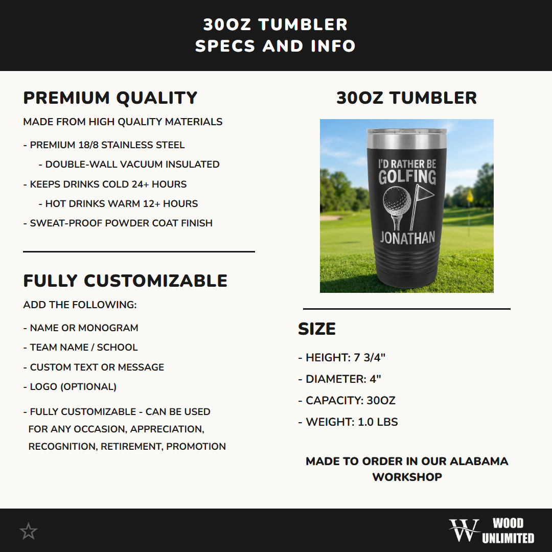 Personalized Golf Tumbler | Golfer Gift for Men Dad | Engraved Stainless Steel Cup | I'd Rather Be Golfing | Custom Name Golf Lover Mug