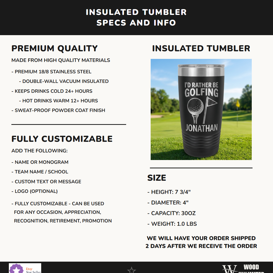 Personalized Golf Tumbler | Golfer Gift for Men Dad | Engraved Stainless Steel Cup | I'd Rather Be Golfing | Custom Name Golf Lover Mug