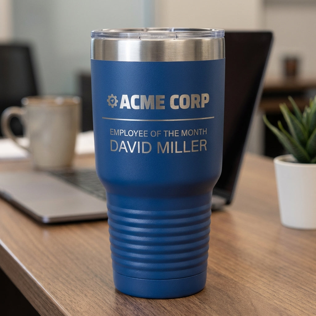 Personalized Employee of the Month Tumbler - Corporate Recognition Award Gift - Custom Engraved Business Drinkware - View 3