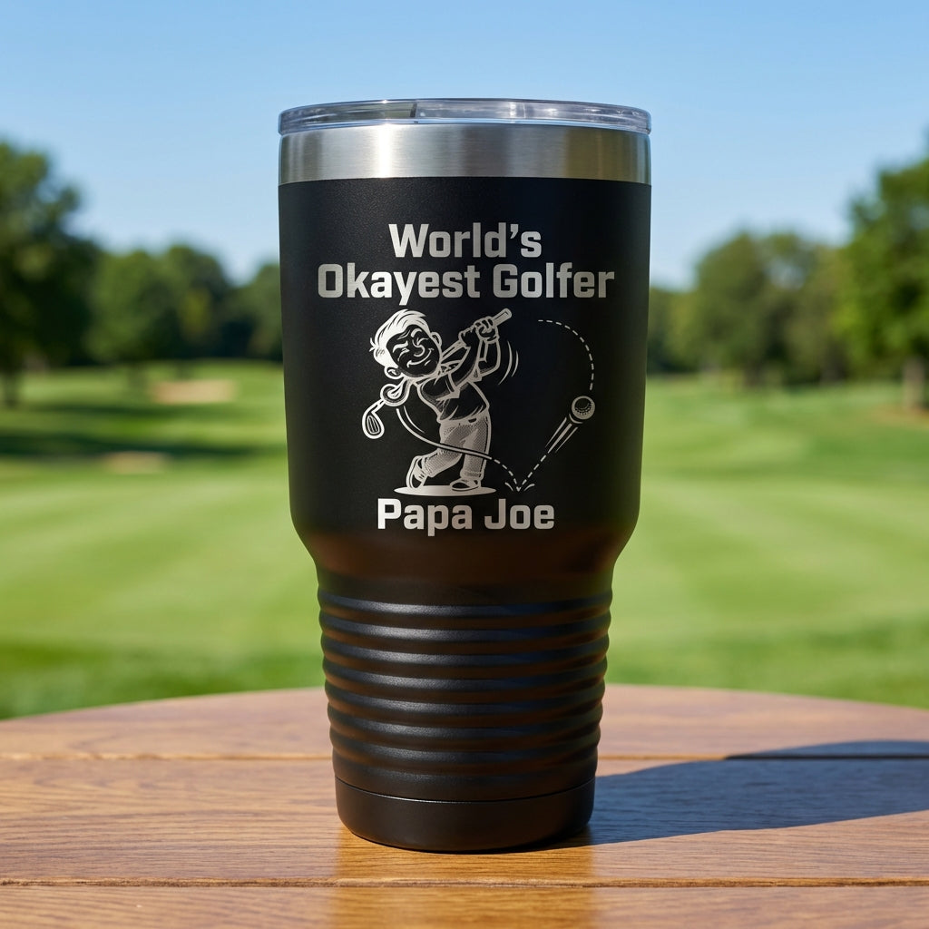 Personalized Funny Golfer Tumbler Gift for Dad - World's Okayest Golfer Laser Engraved Mug - Custom Name Golfing Present - View 1