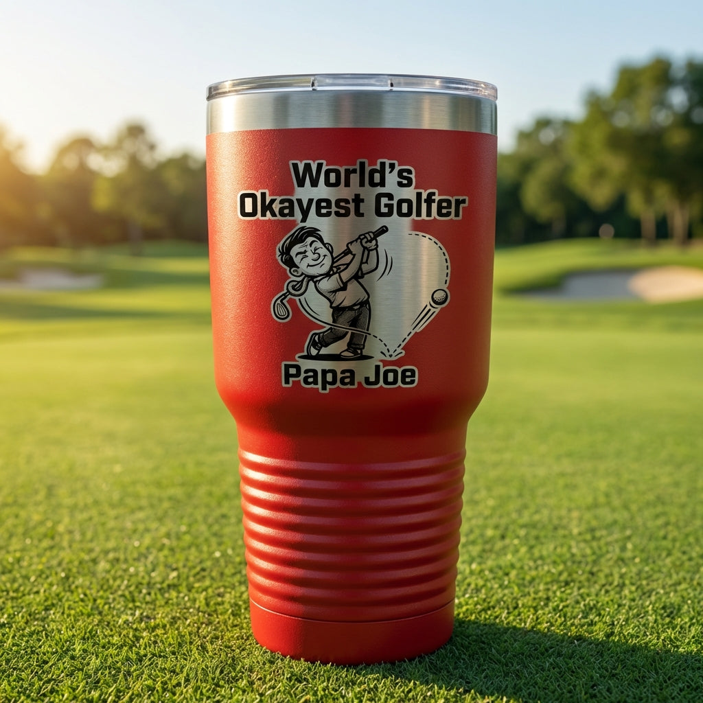 Personalized Funny Golfer Tumbler Gift for Dad - World's Okayest Golfer Laser Engraved Mug - Custom Name Golfing Present - View 2