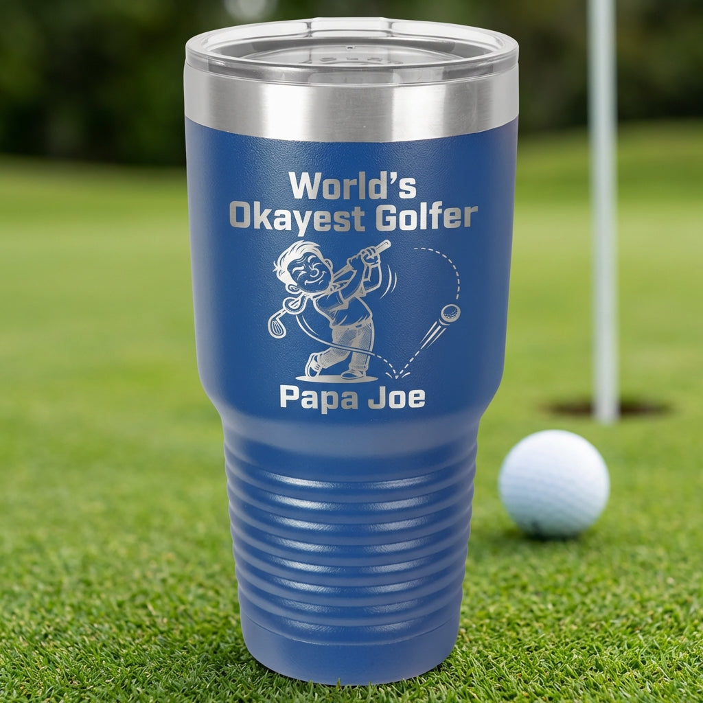 Personalized Funny Golfer Tumbler Gift for Dad - World's Okayest Golfer Laser Engraved Mug - Custom Name Golfing Present - View 3