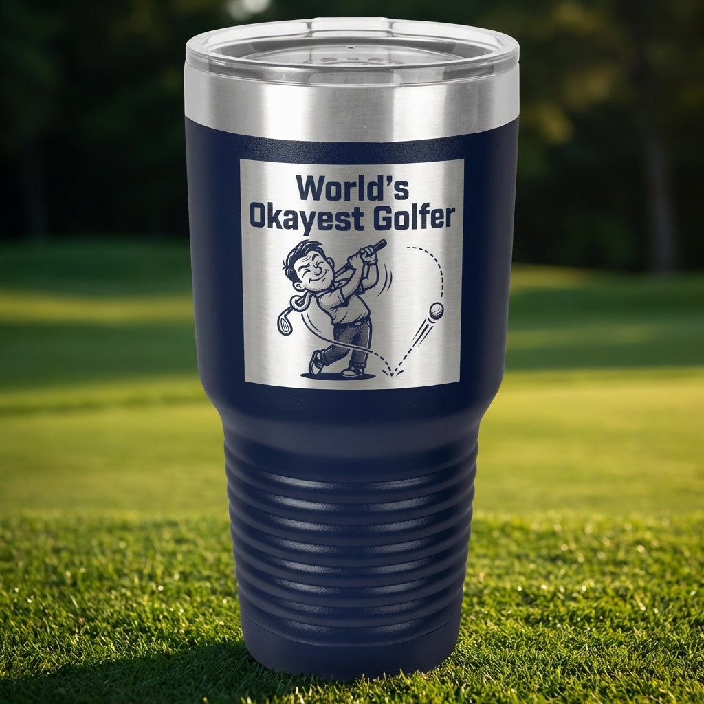 Personalized Funny Golfer Tumbler Gift for Dad - World's Okayest Golfer Laser Engraved Mug - Custom Name Golfing Present - View 4